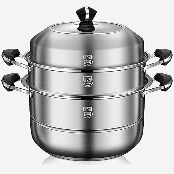 Closeup of a 32cm stainless steel steamer pot on a white background, showcasing its sleek and durable design for versatile cooking.