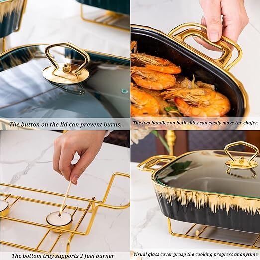 Collage of four pictures showing the handle on the lid to avoid burns, two handles on both sides for easy transfer, bottom stand supporting two burner candles, and the clear glass lid to monitor heating progress.