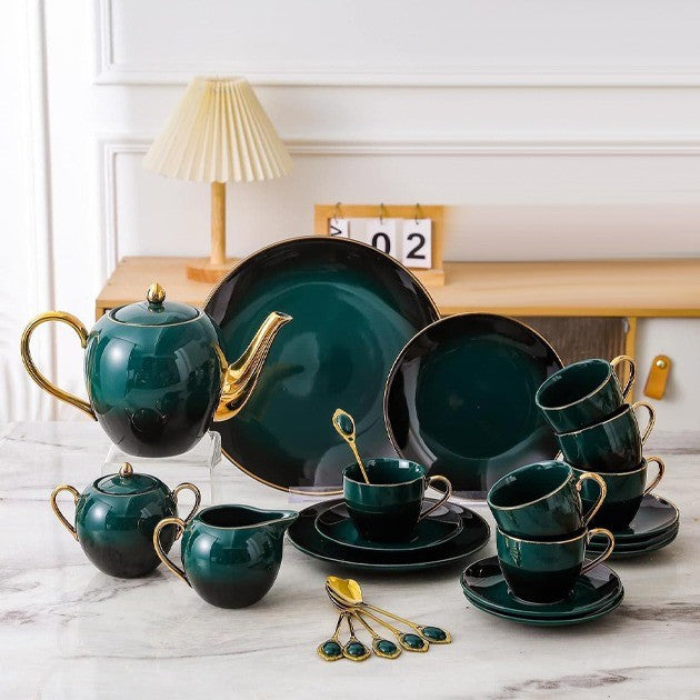 Complete 24-piece tea set arranged on a countertop, showcasing its luxurious design.