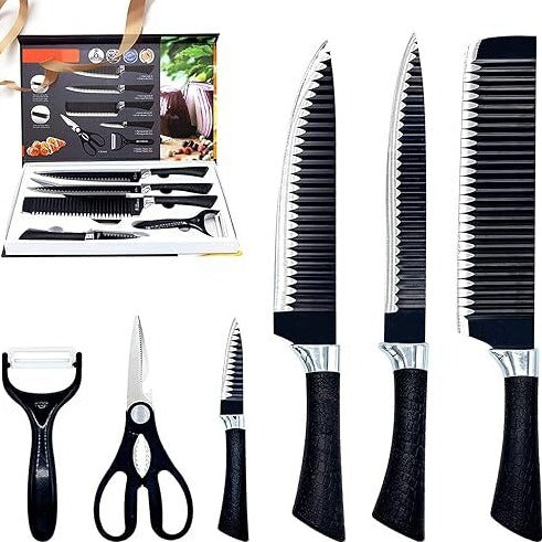 Complete 6 pcs black knife set with scissors and peeler, displayed alongside its open gift box packaging.