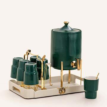 Complete Nordic Ceramic Water Set with Green and Gold accents in a white drop setting, showcasing the tray, dispenser, glasses, and stand.