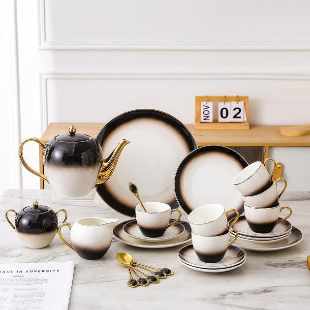 Complete Turkish Tea & Cake Set – Black & White, Beautifully Displayed on a Countertop