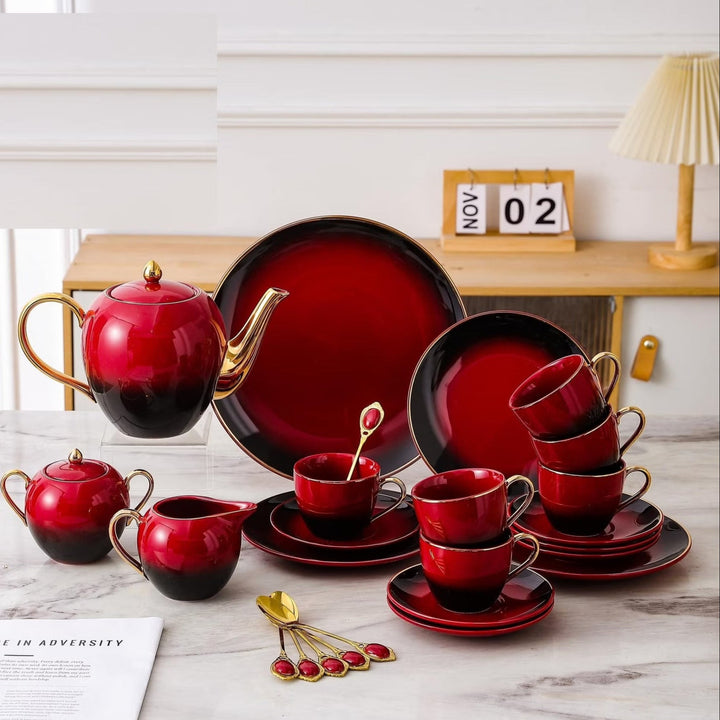 Complete Turkish Tea & Cake Set – Red & Black, Beautifully Displayed on a Countertop