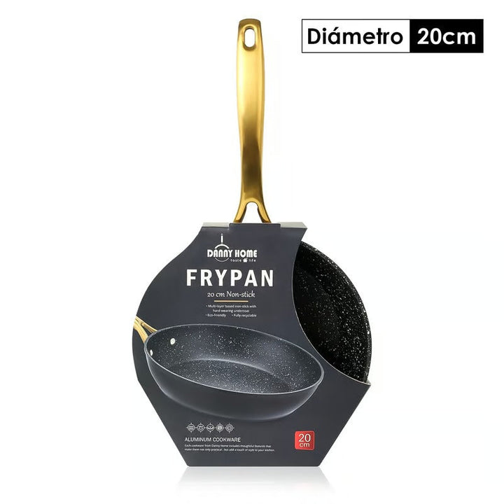 Danny Home™ Aluminum Frying Pan Black displayed on white background in retail-style packaging. Half of the card packaging is uncovered, revealing pan details.