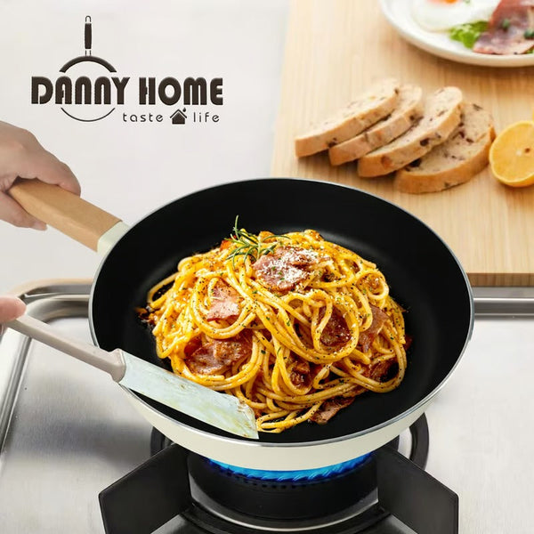 Danny Home™ Aluminum Frying Pan Beige used for making pasta, showcasing its non-stick surface for easy cooking and cleanup.