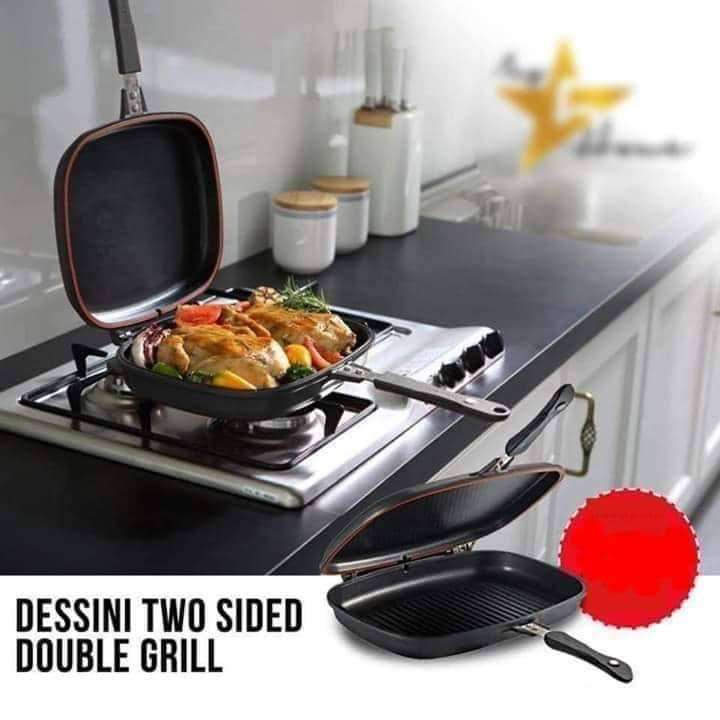 Showcase of the Dessini double-sided grill pan, highlighting the double grilling surface.