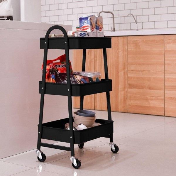 "Different angle of black utility rolling cart with ergonomic handle, perfect for organizing kitchen or office supplies.