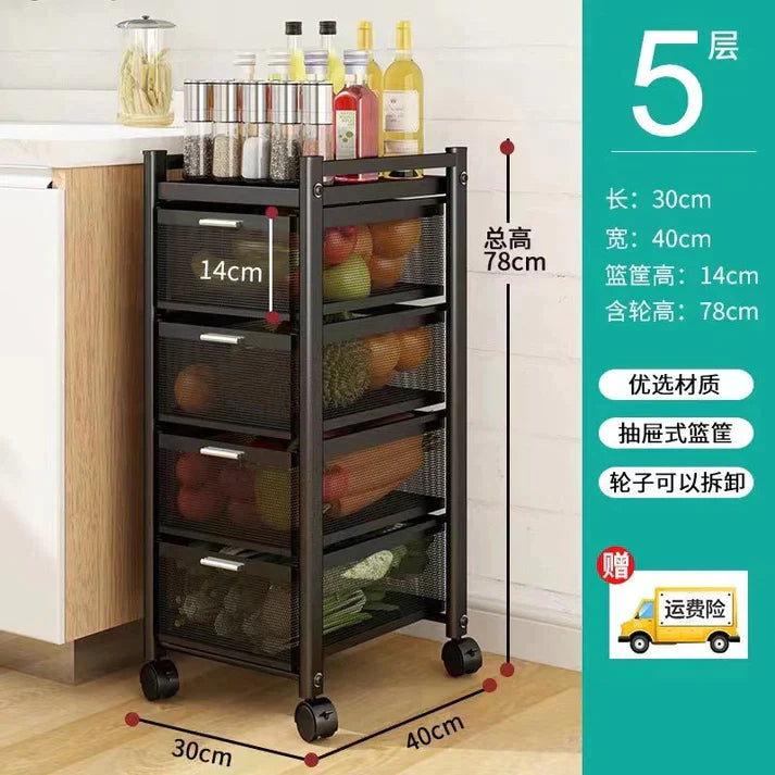 Display of the 4-tier rolling trolley, emphasizing increased storage capacity and practical design for multi-purpose home use, from kitchen to bathroom.