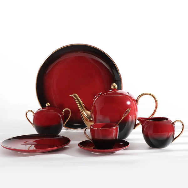 Elegant Turkish Tea Set – Red & Black with Gold Handle & Spout, Showcasing All 24 Pieces in a Luxurious Design