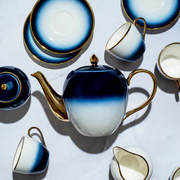 Elegant Turkish Tea Set – White & Blue with Gold Handle & Spout, Showcasing All 24 Pieces in a Luxurious Design