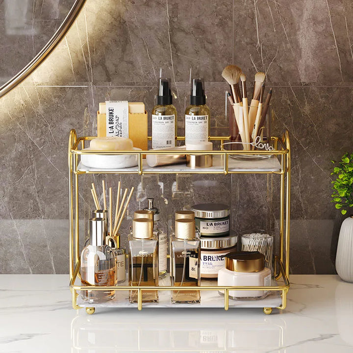 Front view of the white cosmetic organizer with neatly arranged makeup items, emphasizing its stylish and practical design.