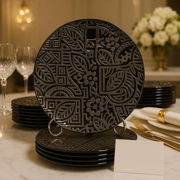 Luxury Black Embossed Plate Set – 18 Pcs Elegant Dinnerware Collection