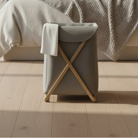 Gray laundry basket with wooden accents on a wooden floor in a bedroom setting.