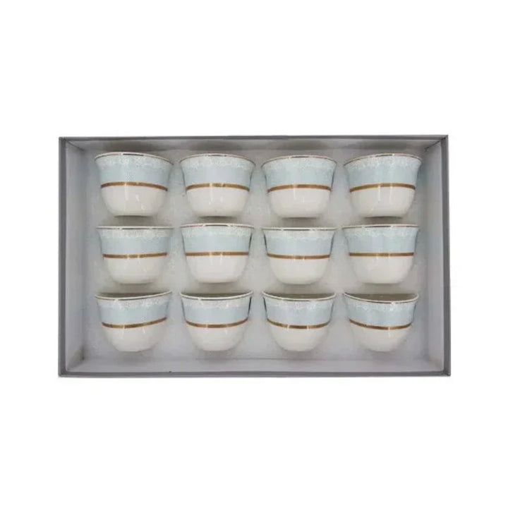 Showing the Green Tea Cup Set White & Blue (12pcs Set) in open box packaging with a white background.