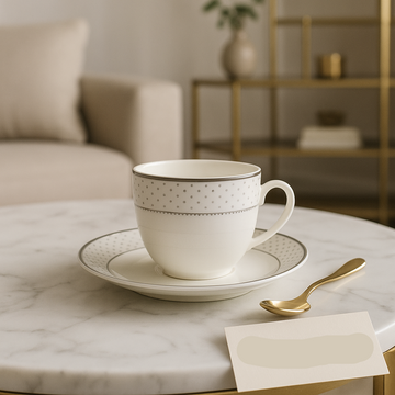 Luxury Porcelain Cup & Saucer Set – Elegant Silver Dot Design – 6 Pcs