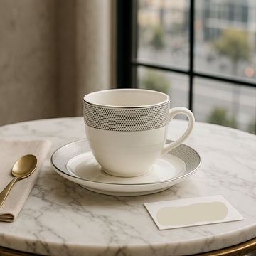 Premium Porcelain Cup & Saucer Set – 6 Pcs | Elegant Silver Geometric Design