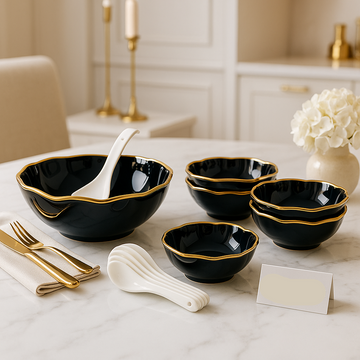 Luxury Black & Gold 14-Piece Soup Bowl Set with Spoons – Premium Dining Collection