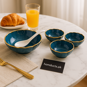 Royal Sapphire 14-Piece Soup Set – Premium Ceramic Bowls with Golden Accents