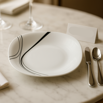 Luxury Square Soup Plate Set – 6 Pcs Elegant White Dinnerware with Black Wave Design