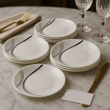 Luxury Porcelain Quarter Plate Set – 6pcs Modern Dining Plates with Black Wave Design