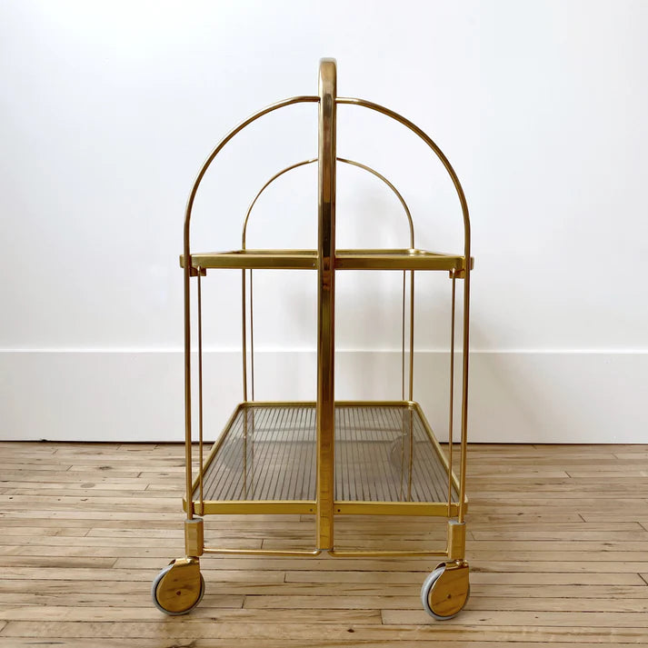 Live image of the Modern Gold Folding Bar Cart Trolley with no items, emphasizing its sleek design and functional shelves.