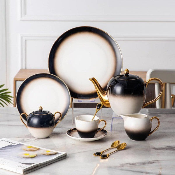 Luxurious Turkish Tea Set – Black & White with Gold Handle & Spout, Showcasing All 24 Pieces in an Elegant Design