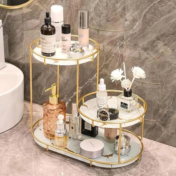 Luxury 3-Layer Cosmetic Tray in white, displaying various cosmetic items like lipsticks, brushes, and skincare products for organization.