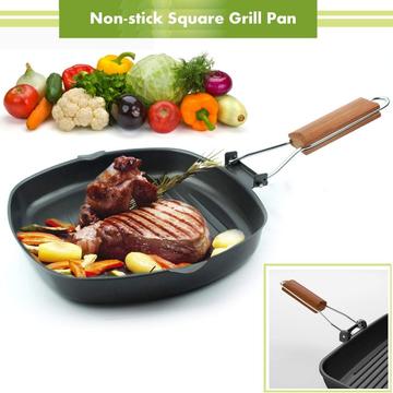Non-stick square grill pan with perfectly cooked steak on it, showcasing delicious sear marks.