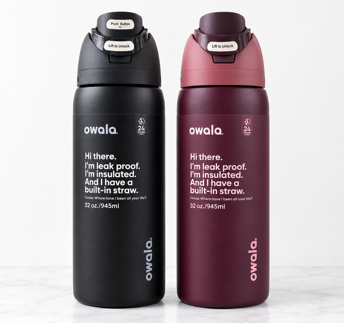 Owala Black Cherry and All Black 32 oz water bottles bundle of 2 with a special discount for buying both together.