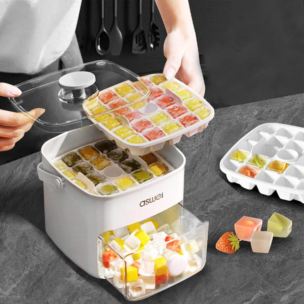 Pressing Ice Cube Molds with molds visible, showing the complete product including the lid and trash can. Made from food-grade PP material.