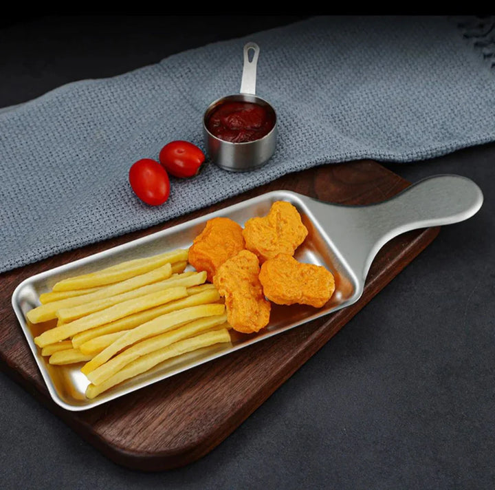 Rectangular BBQ Bat Platter filled with crispy fries and nuggets, accompanied by sauces on the side, demonstrating practical use for serving.