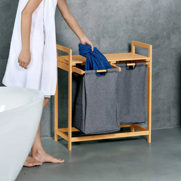 Bamboo Laundry Hamper with Dual Compartments & Removable Bags