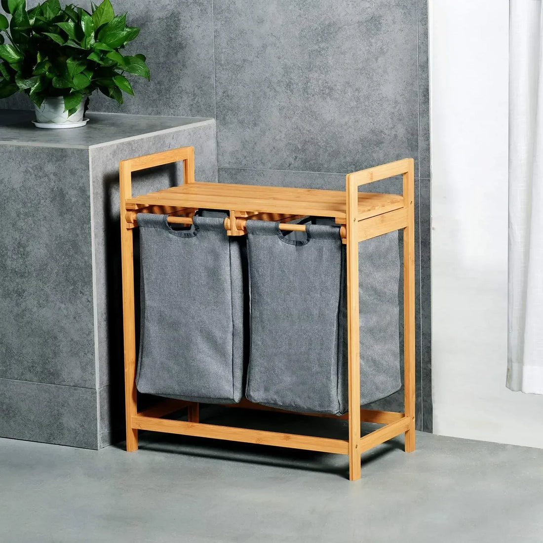 Bamboo Laundry Hamper with Dual Compartments & Removable Bags