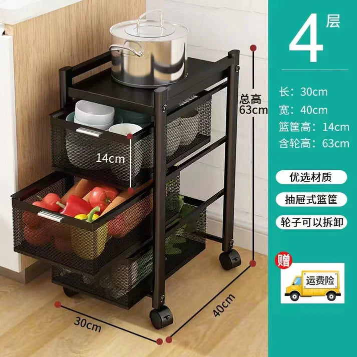 Showcasing the 3-tier metal trolley, perfect for compact storage in kitchens, bathrooms, and living rooms, with durable metal construction and lockable wheels.