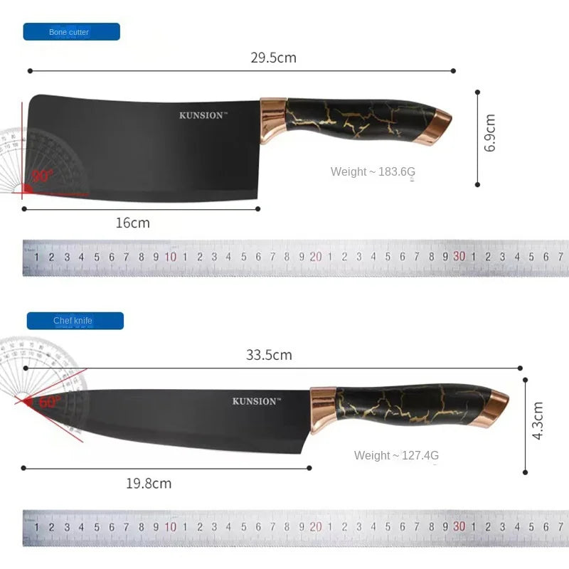 Size chart showing the measurements of different knives in the set.