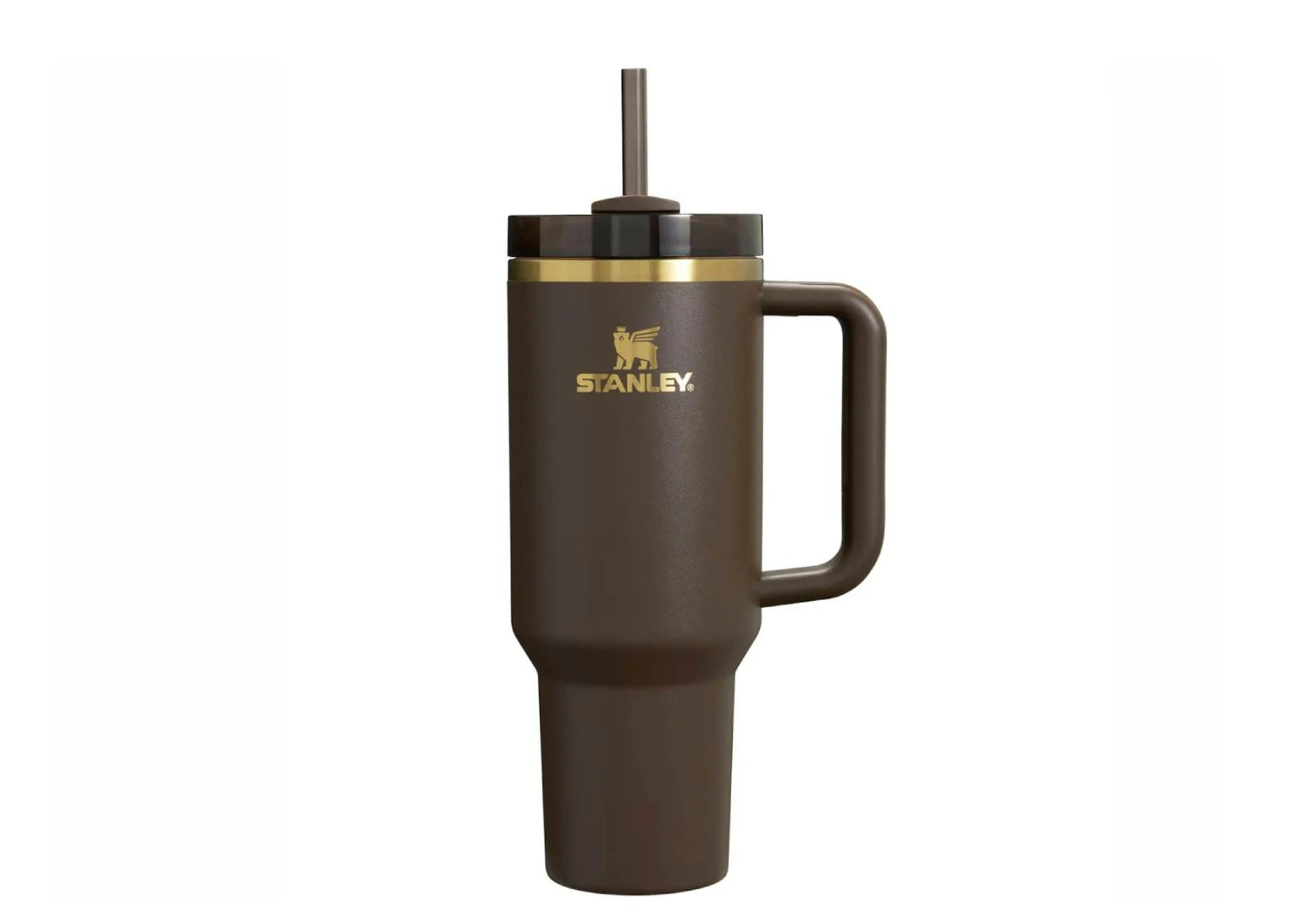 A brown Stanley Quencher Tumbler with a handle and a straw spout, featuring a gold accent on the lid.