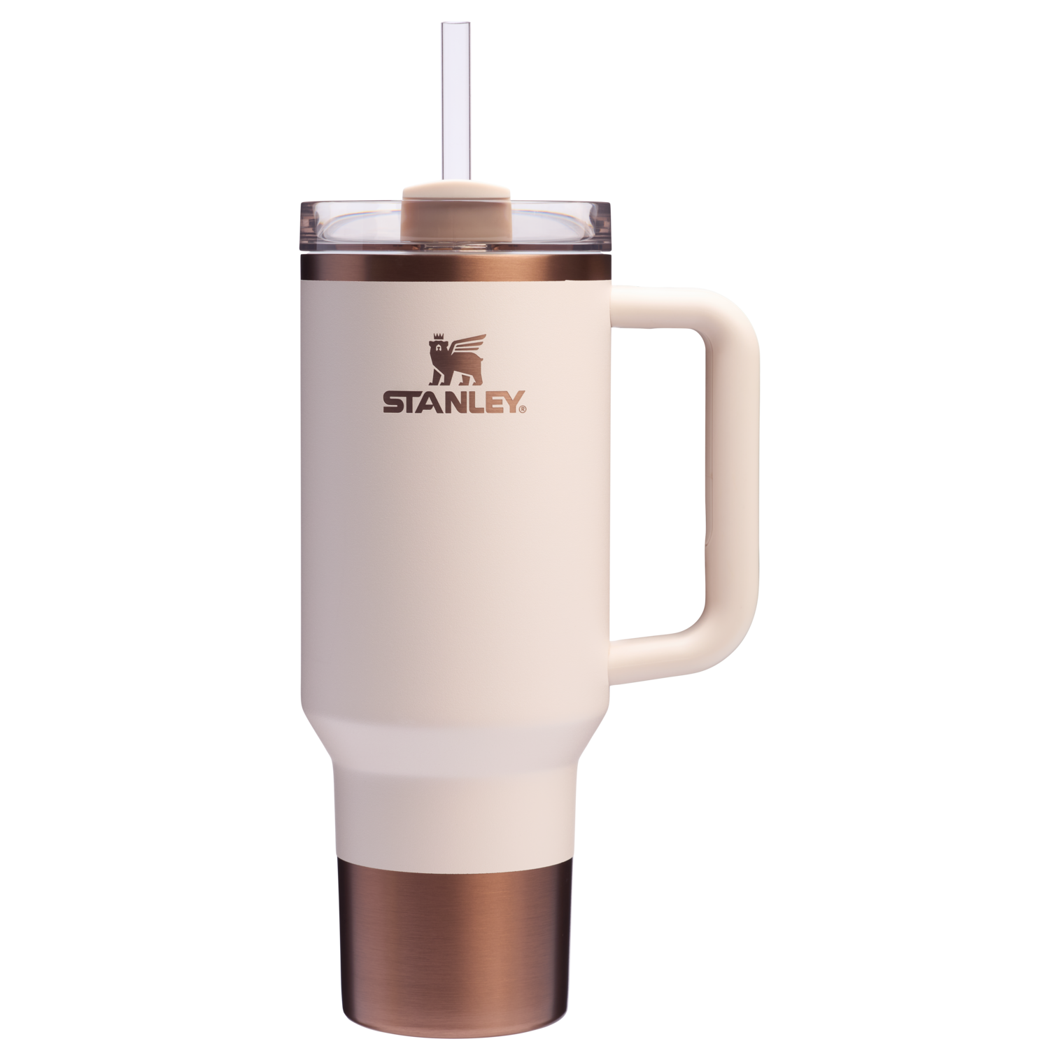 A white and gold colored tumbler with a handle and a straw spout, featuring the Stanley brand logo.