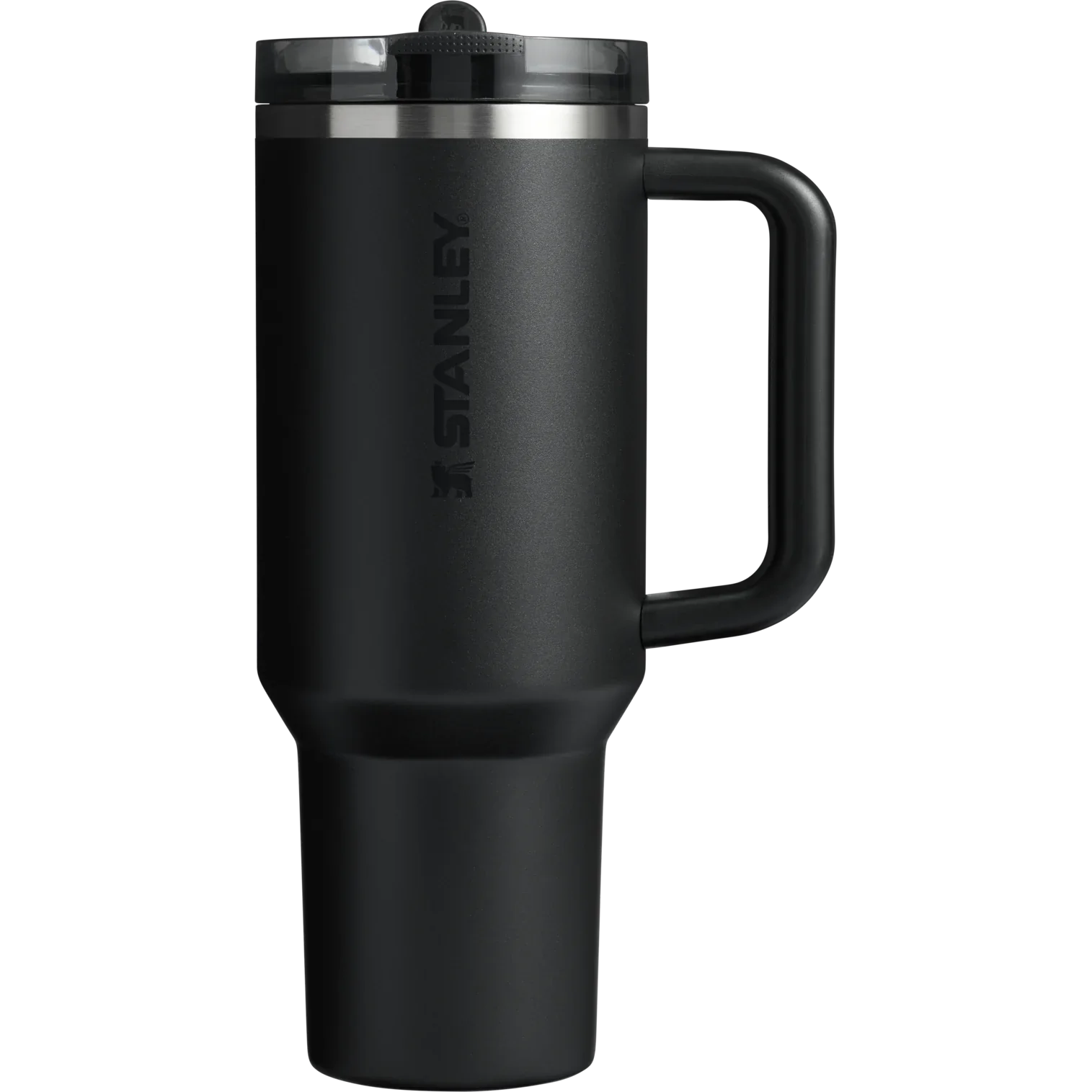 A black Stanley Quencher ProTour Flip Straw Tumbler with a handle and a clear screw-on lid.
