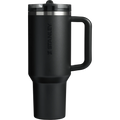 A black Stanley Quencher ProTour Flip Straw Tumbler with a handle and a clear screw-on lid.