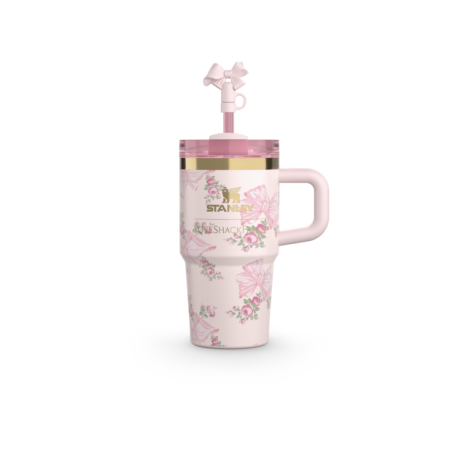 A white tumbler with a floral pattern, a pink lid, and a decorative element on the lid. 20oz