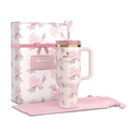 A pink floral-patterned tumbler with a FlowState lid, displayed alongside its packaging box and a pink fabric coaster.