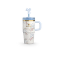 A white tumbler with a floral pattern and a blue screw-on lid. 20oz