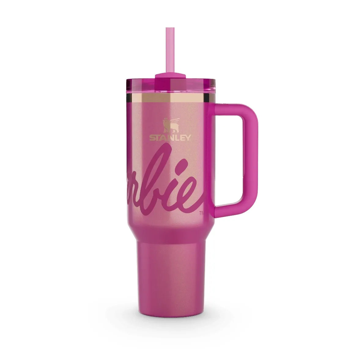 A pink Stanley Quencher Tumbler 40oz with the name 'Barbie' printed on it, featuring a straw and a handle.