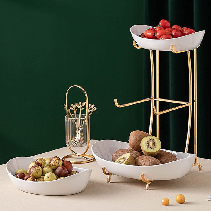 Three-tier Nordic white serving platter set, with the top three tiers arranged on the stand, and the middle tier placed separately for comparison.