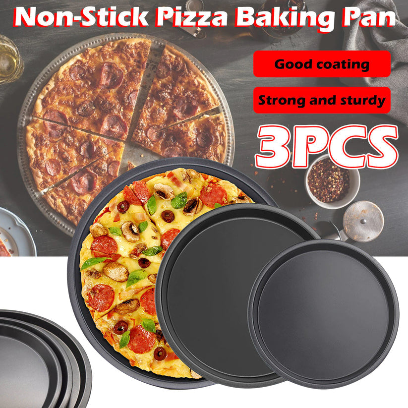 Three sizes of non-stick pizza pans (9, 10, and 11 inches) displayed side by side, showcasing their sleek design.