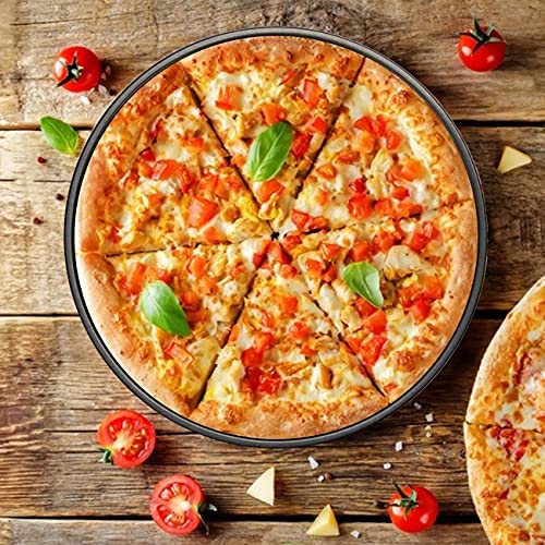 Three sizes of non-stick pizza pans (9, 10, and 11 inches) displayed side by side, showcasing their sleek design.