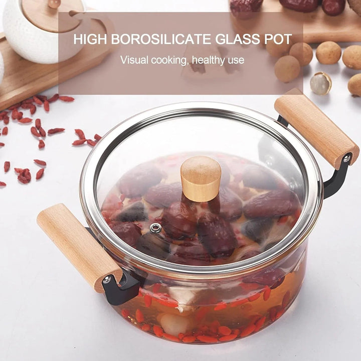 Top view of a glass cooking pot with the lid closed, emphasizing its sleek and modern design.