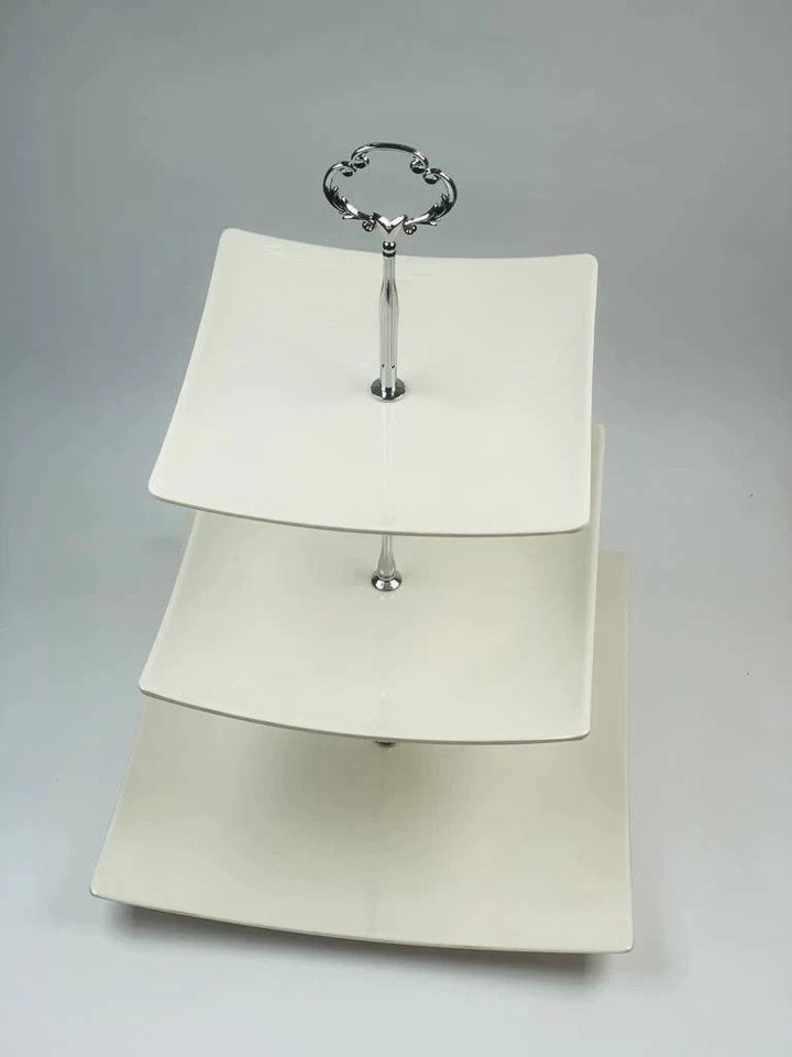 Top view of the 3-tier serving tray on a white background, highlighting its elegant structure and design.