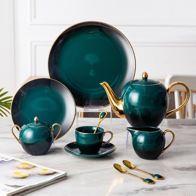 Turkish-style tea set with intricate patterns, elegantly displayed on a table.