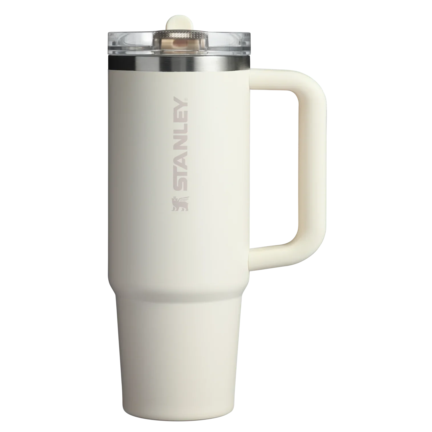 A white Stanley Quencher ProTour Flip Straw Tumbler with a handle and a clear screw-on lid.